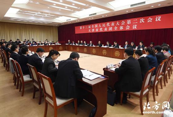 第十三届全国人大二次会议天津市代表团全体会议会场。